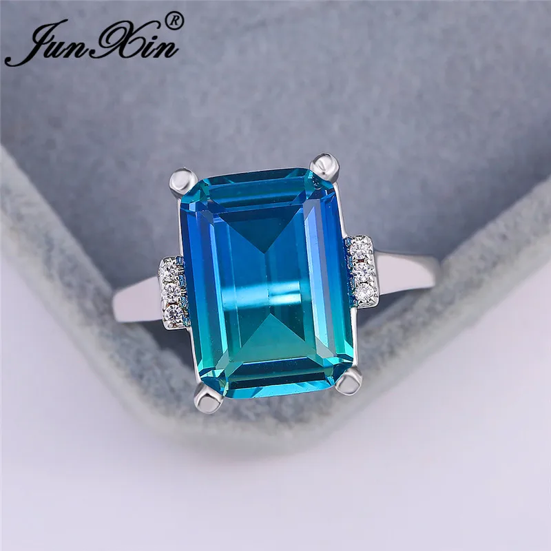 Mystic Rainbow Fire Crystal Большой Прямоугольник Кольца для женщин серебро Градиент Синий Зеленый Красный Камень Обручальное кольцо группа Роскошные ювелирные изделия