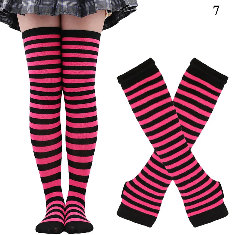 1 Set Women Girls Over Knee Long Stripe Printed Thigh High Cotton Socks Arm Sleeve Gloves Sweet Cute Plus Size Overknee Socks