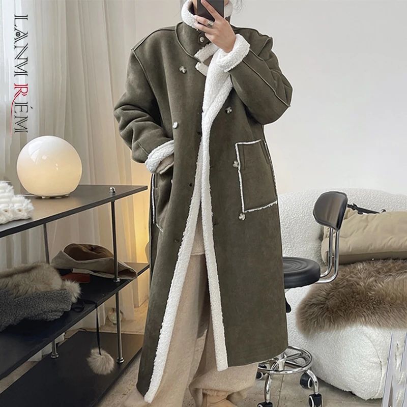 LANMREM 2021 Winter New Lamb Wool Fur Coat Female Two-sided Wear Loose Keep Warm Long Outwear Women's Fashion Clothes 2W2056 | Женская