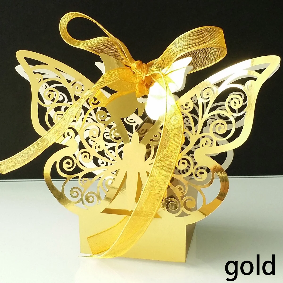 50 шт. подарочные перламутровые бумажные коробки с бабочкой, креативные Кружевные Полые свадебные коробки для конфет, картонные коробки для шоколада, товары для свадебного декора - Color: Gold
