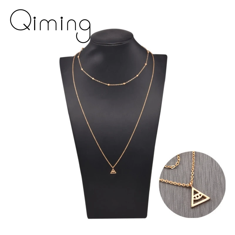 

Geometric Triangle Evil Eye Necklace Women Double Layer Tiny Beads Ancient Vintage Jewelry Fashion Lady Long Necklace