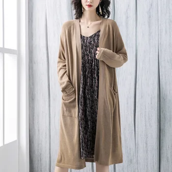 

New Women Autumn Long Knitted Outerwears Long Sleeve V-Neck Pockets Coats Solid Casual Elegant Cardigans Fashion Open Stitch