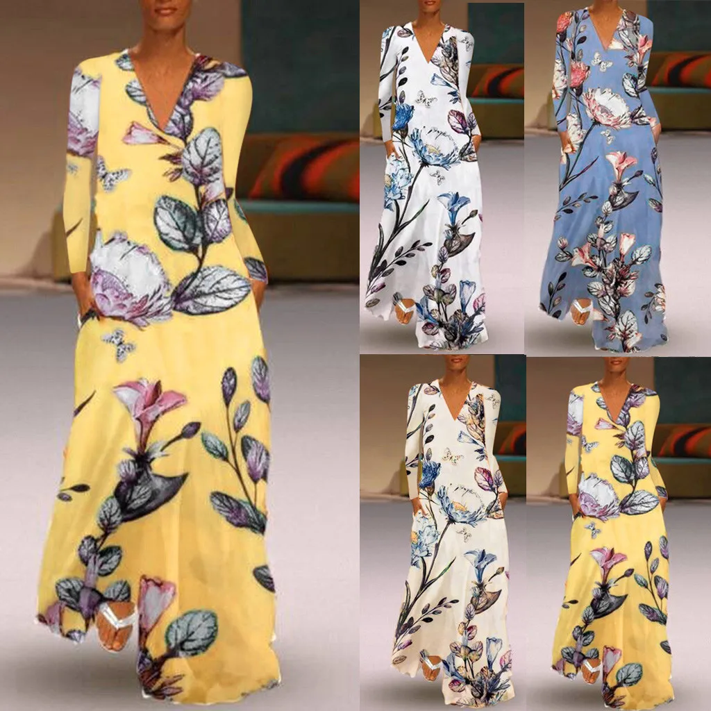 

2019 Winter Dress Women's Casual Long Sleeve V-neck Dresses Flower Print Maxi Long Dress Vestido Fiesta Mujer sukienka New