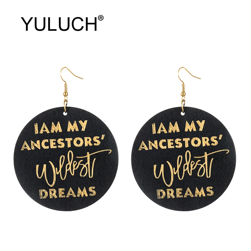 

YULUCH Ethnic Indian Black Round Natural Wooden Printed Printing African Style Dangle Earrings For Women Party Fashion Jewelry