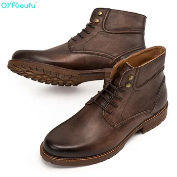 

QYFCIOUFU New Men Boots Genuine Leather Men Shoes Handmade Ankle Boots Classic Outdoor Winter Shoes Brand Lace-up Men's Boots