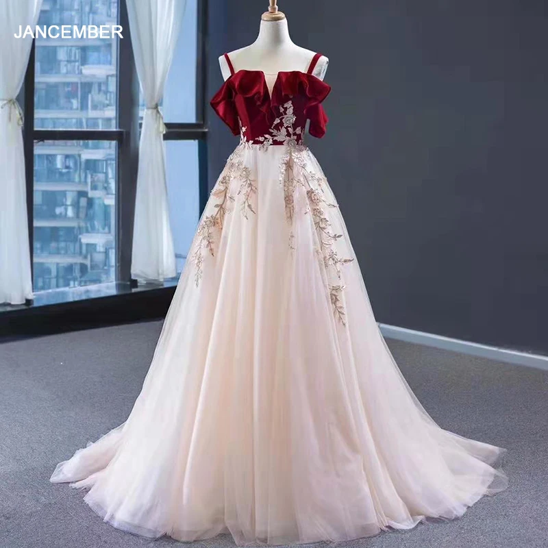 J66998 jancember robe de soiree вечерние платья квадратный воротник спагетти без рукавов, кружевное, с аппликацией сладкий 16 платье abito da sera