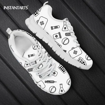 

INSTANTARTS Medical Patterns Women Nursing Shoes Casual Lace Up Walk Sneakers Comfortable Nurse Women's Flats Shoe Sneaker Light