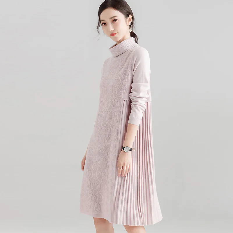 

fashion Sweaters dress women Autumn And Winter new Casual Turtleneck knitting dress Solid color Loose Knee-Length dress women