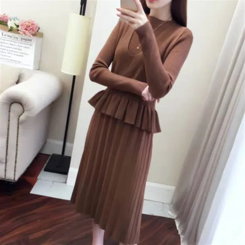 

Autumn Women Vest Long Sleeve Knitted Dress Suits Solid Color Female Casual Two Pieces Sets Slim Knit Dress Set