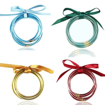 

Colorful Bracelet 5 Pcs Set Gitter Filled Stardust Stack Silicone Circles Bangles Women Bowknot Jelly Bangles PRAYER Jewe