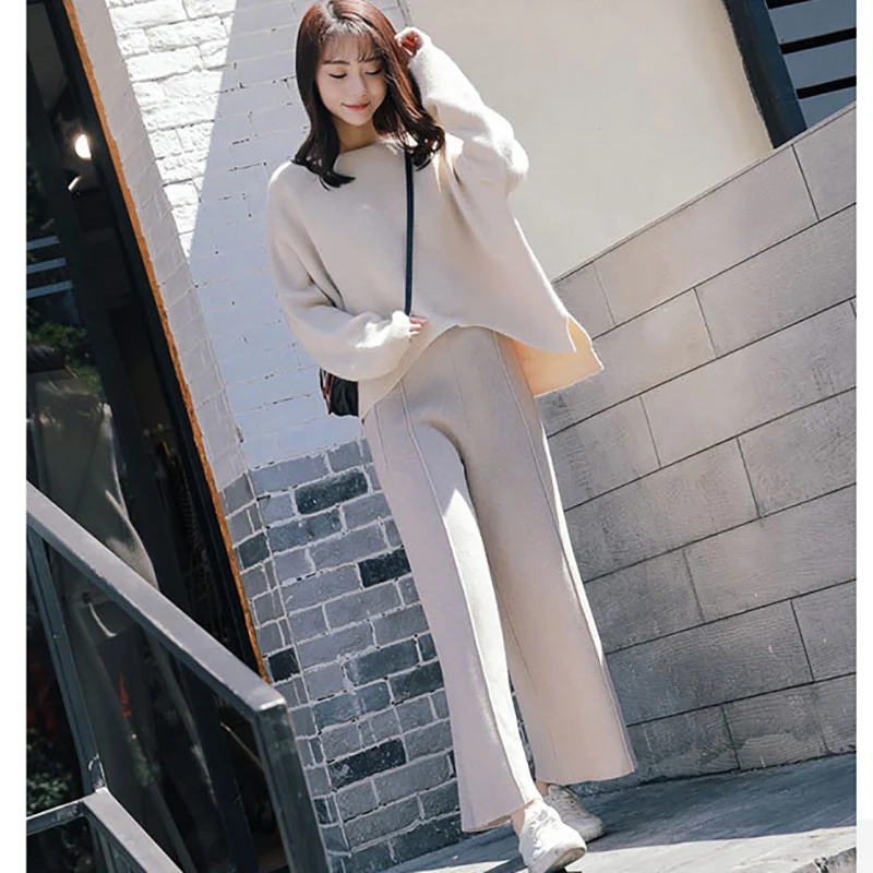

Autumn Knitting Female Sweater Pant Women Two Piece Set Knitted Pullover Long Sleeve Irregular Slit Top + Wide Leg Pants Suit