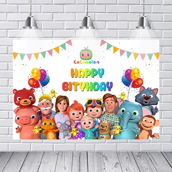 

Cocomelon Family Photography Backdrops Bunting Balloons Children Birthday Party Backgrounds for Photo Studio 7x5ft Vinyl