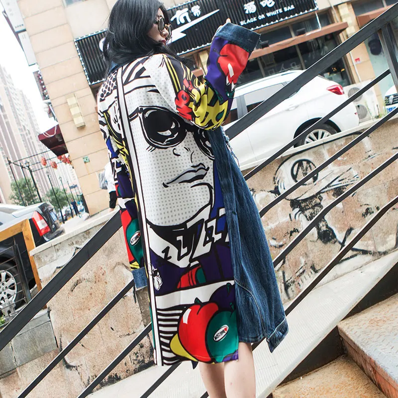 Gabardina vaquera con estampado de dibujos animados para mujer, abrigo de manga larga con agujeros, cortavientos holgado, primavera y otoño, 2020