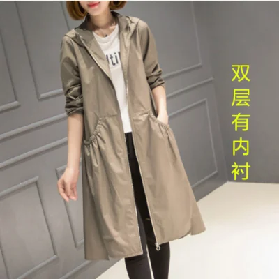 khaki lining Новое длинное тонкое пальто для женщин весна осень плюс размер свободная с капюшоном Женская ветровка Корейская Повседневная Верхняя одежда f1818 - Цвет: khaki lining
