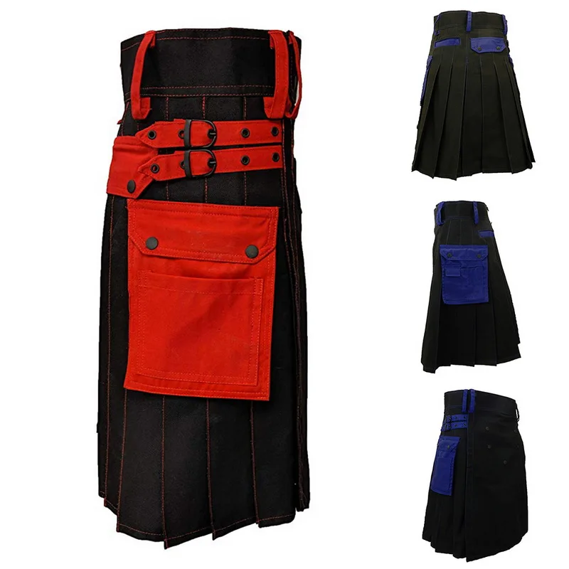 MoneRffi Горячая шотландская Мужская Kilt традиционный ремень в клетку плиссированная Двусторонняя цепь коричневый готический панк шотландская клетка брюки юбка