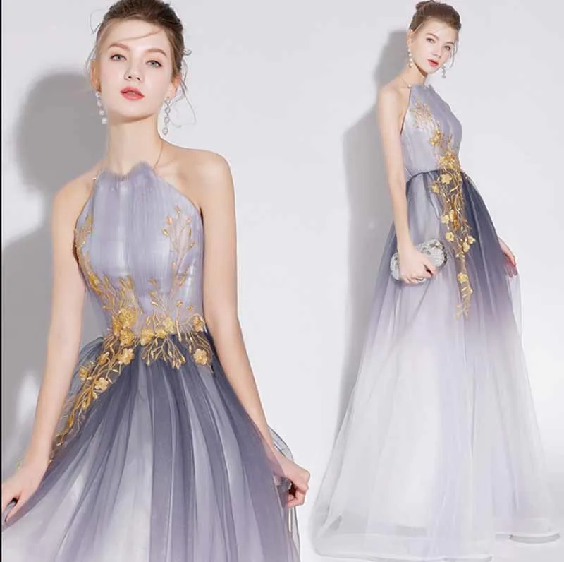 

N Gray Gradient Luxury Party Dress Women Halter Backless Floral Embroidery Large Size 4xl Evening Formal Dresses New Year`s Gift
