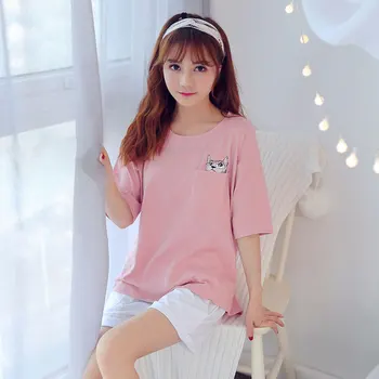 

Pocket Front Top + Shorts Cotton Pajamas Sets For Women 2020 Summer Homewear Girls Cute Cartoon Pyjama Lounge Wear Home Clothing