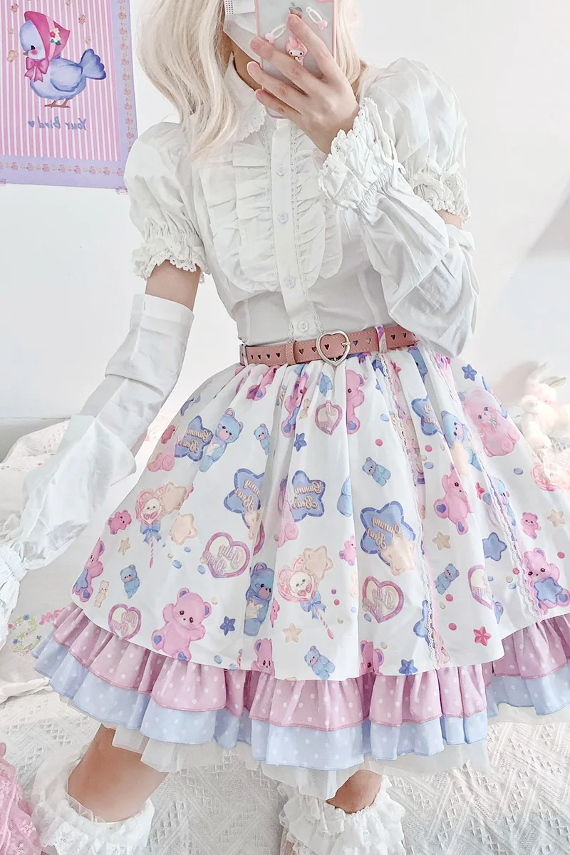 Lovely Bear Sweet Soft Girl Cake Skirt Lolita High Waist Cartoon Fashion Kawaii Girl Lace Bowknot Cosplay