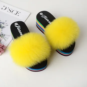 

Fashion Summer Wedge Women Fur Slippers Fluffy Real Fox Fur Slides Soft Platform Shoes Home Slippers Woman Furry Fur Flip Flops