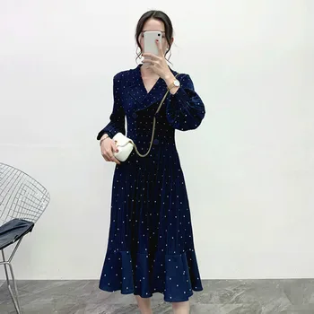 

LANMREM 2020 New Spring Lapel Mid-length Wave Point Hem Pleated Dress Women Streetwear Slim Temperament Loose Dress Tide PD644