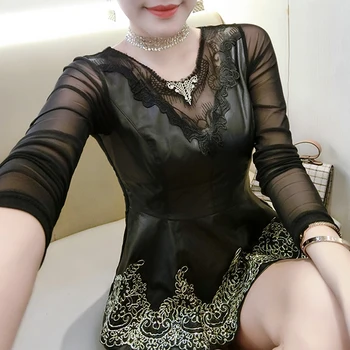 

Black Lace Shirt Women Long Sleeve Pu Leather Blouses Women Tops Sexy Mesh Patchwork Ruffles Peplum Shirts Female Clothing