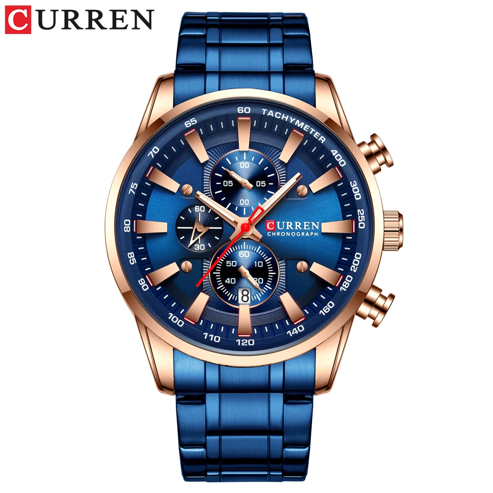 Fashion Top Brand Sports Watch Men Stainless Steel Chronograph Wristwatch Male Clock Auto Date Casual Business Watch Reloj - Цвет: blue