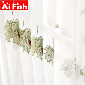 

Green Maple Embroidered Window Screen Tulle with Ladybug Curtains For Living Room Pastoral Luxury Bedroom Sheer Drapes M252#5