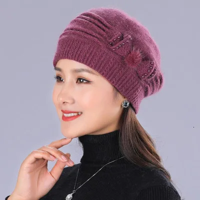 Mother's Nnew Year Gift Rabbit Knit Cap Scarf The Elderly Women's Autumn And Winter Warm Hat Scarf Female Winter Hat Twinset - Цвет: Purple Hat