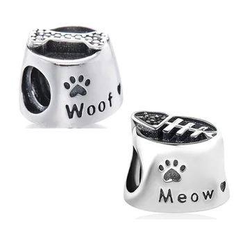 

Authentic S925 Sterling Silver Beads Cute Pet Cat Fish & Dog Bone Bowl Charm Fit Original Pan Bracelet For Women DIY Jewelry