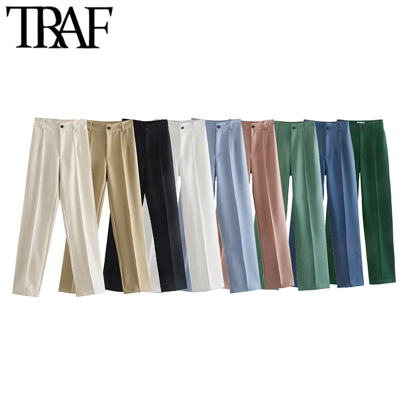 TRAF Women Chic Fashion Office Wear Straight Pants Vintage High Waist Zipper Fly Female Trousers Mujer