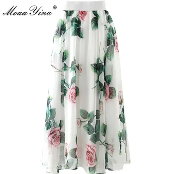 

MoaaYina Summer Women Rose Floral-Print Elegant chiffon skirt