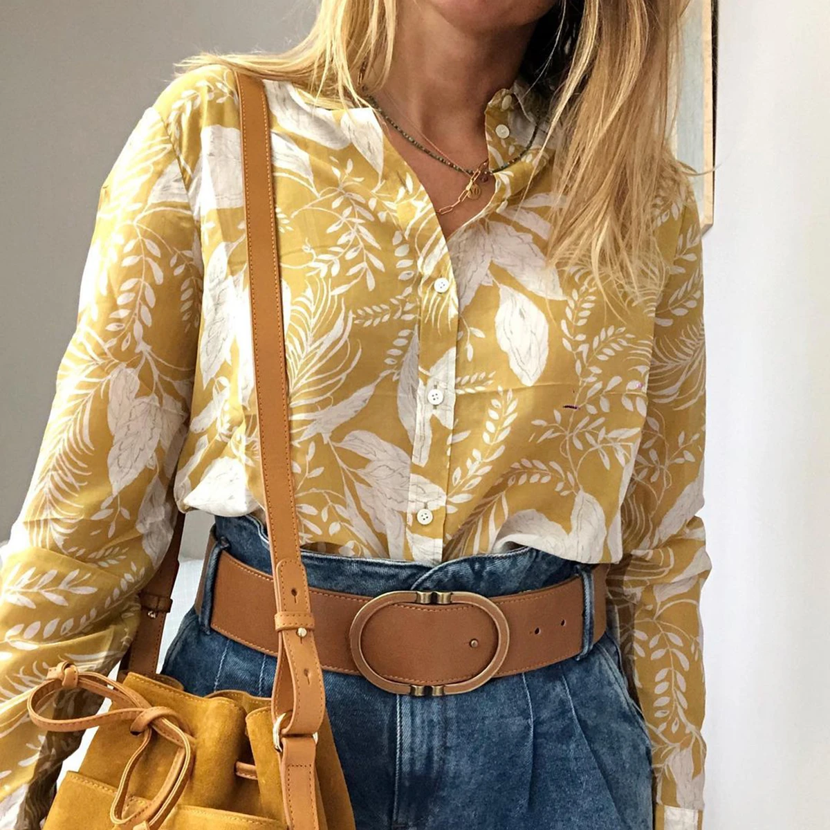 Foliage Printed Shirts Women Summer Casual Long