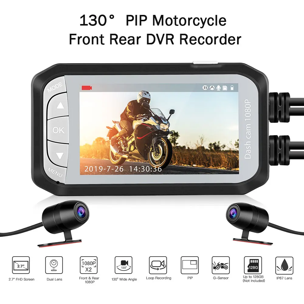 Водонепроницаемый DV124 Dash камера мотоцикл HD 1080P 130 ° Moto двойной DVR Cam Обнаружение