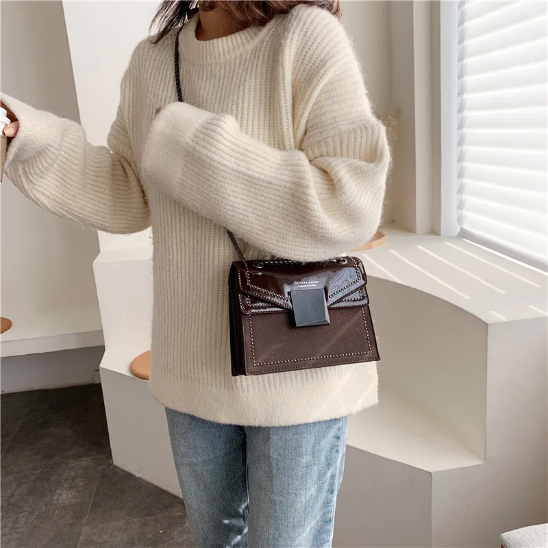 

2019 Winter New Style WOMEN'S Bag Black Series Lettered Square Sling Bag Dull Polish Textured Joint Rivet Shoulder