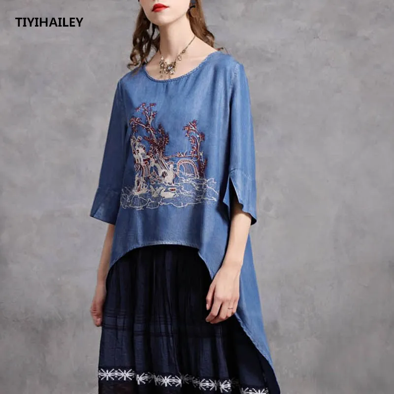 

TIYIHAILEY Free Shipping 2022 Chinese Style Cotton Denim For Women Half Sleeve Embroidery Tops O neck M L High Low Tees