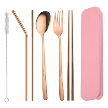 

Reusable Stainless Steel Flatware Cutlery Set Travel Utensils Set for Camping Spoon chopsticks fork curved straw straight straw