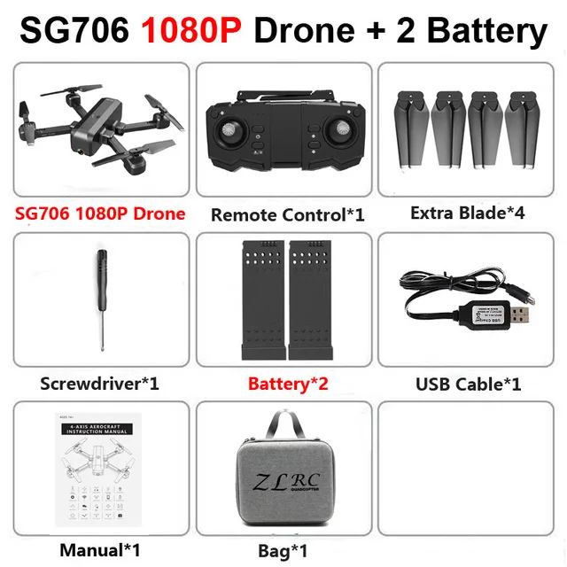 SG706 Дрон 4K с двойной камерой 50x зум WiFi FPV селфи складной Профессиональный Дрон RC вертолет Квадрокоптер подарок для мальчика - Цвет: 1080P Bag 2B