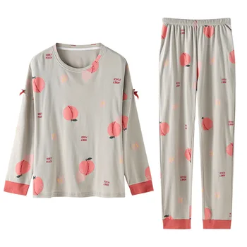 

Pajamas women's autumn cotton long-sleeved new style peach print home wear casual cute can be worn outside