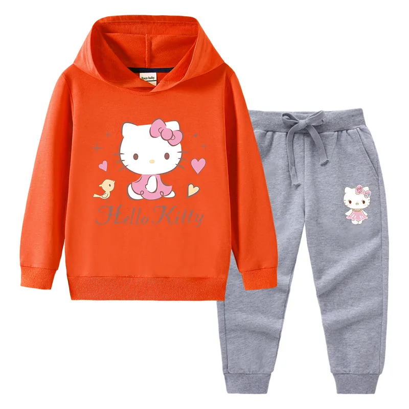 Hello Kitty-suéter con capucha y cuello alto para niños, pantalones de dos piezas con dibujos animados para niño, traje deportivo informal de manga larga de algodón puro
