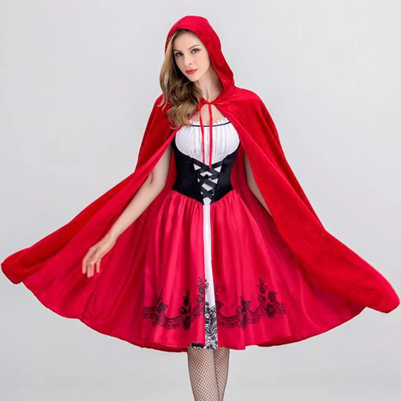 

Little Red Riding Hood Costume Halloween Cosplay Uniform Adult Cape Role Playing Costume Red Cloak Dress Disfraces Hallow DB1066
