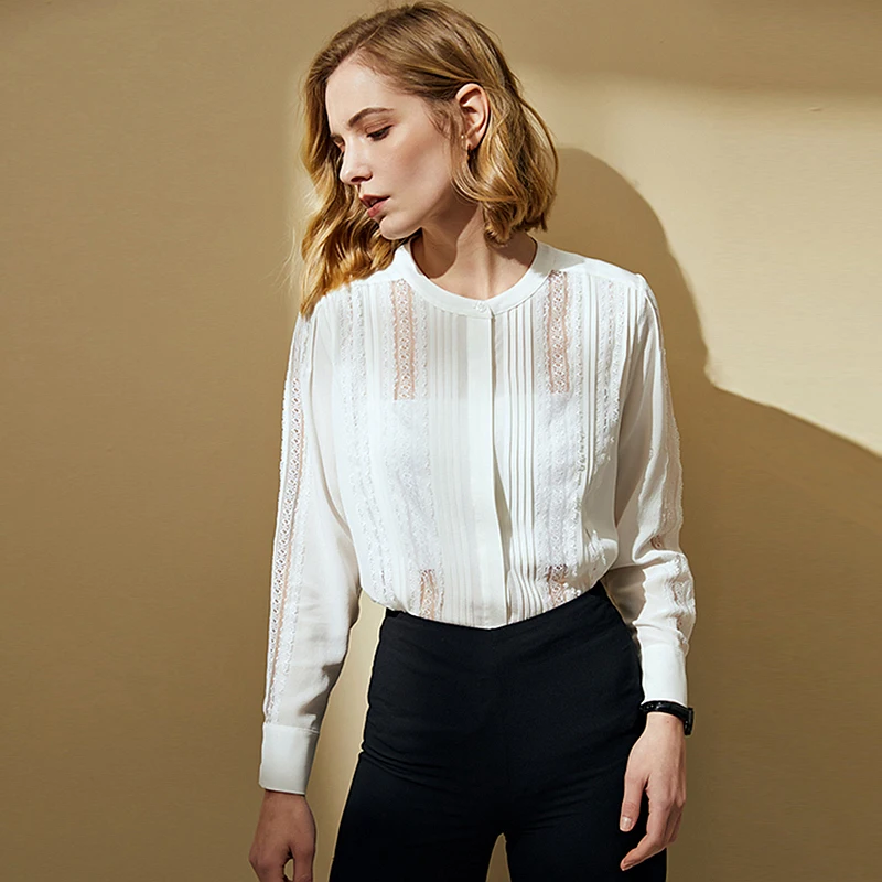 Женская кружевная блузка из 100% шелка элегантная ажурная с оборками и круглым