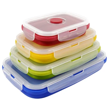 

4pcs Leftover Kitchen Food Container Meal Case Collapsible Foldable Lunch Box School Silicone Dishwasher Safe Portable With Lid