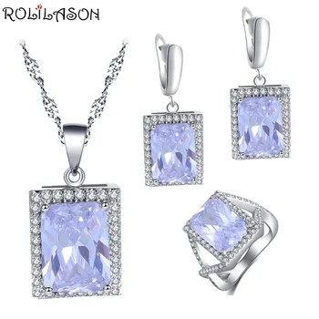 

ROLILASON simple style square design 925 silver white zircon earrings necklace ring jewelry set designed for women JS817