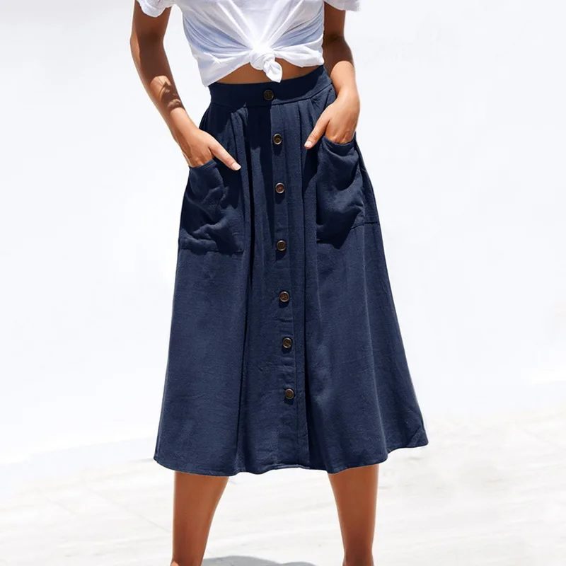

Summer Thin Women Skirts Classic Pleated Knee Length Jupe Femme Solid Casual Button Midi Skirt Ladies Vintage Skirts Pockets