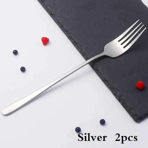 Silver 2pcs Корейская вилка для ужина из нержавеющей стали, яркая зеркальная полировка, с длинной ручкой, Десертная Вилка для десерта, салата, посуда - Цвет: Silver 2pcs