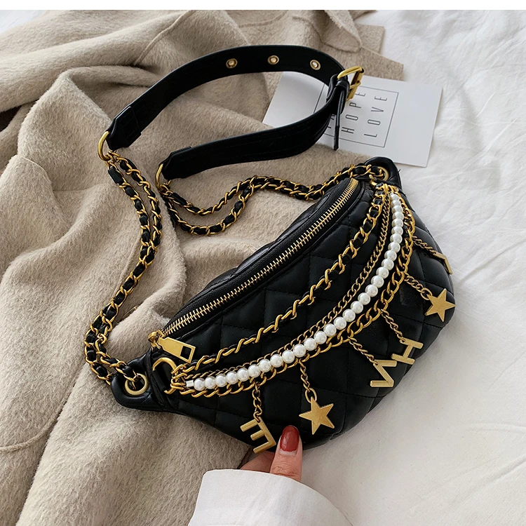 Small Bag Women New Fashion Korean Versatile Messenger Bag Pearl Chain Waist Bag Gold Letter Tassel Chest Bag Nightclub Bag