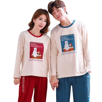 

Cartoon Printed Sleepwear Set For Couples Long Sleeve Women Pajamas Set Soft Loose Home Clothes Cotton Pijamas Para Hombre