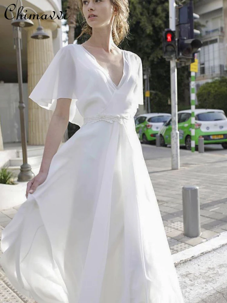 Super Fee Frauen V ausschnitt Kurze Flare Hülse Dünne Weiße Kleid Chiffon  Elegante Hohe Taille Patchwork Billowing Lange Kleid|Kleider| - AliExpress