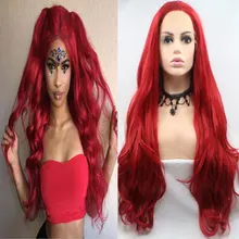 Beautiful Girl Red Natural Wave Synthetic Lace Front Wig Glueless Heat Resistant Fiber Hair Natural Hairline For Black Women Wig