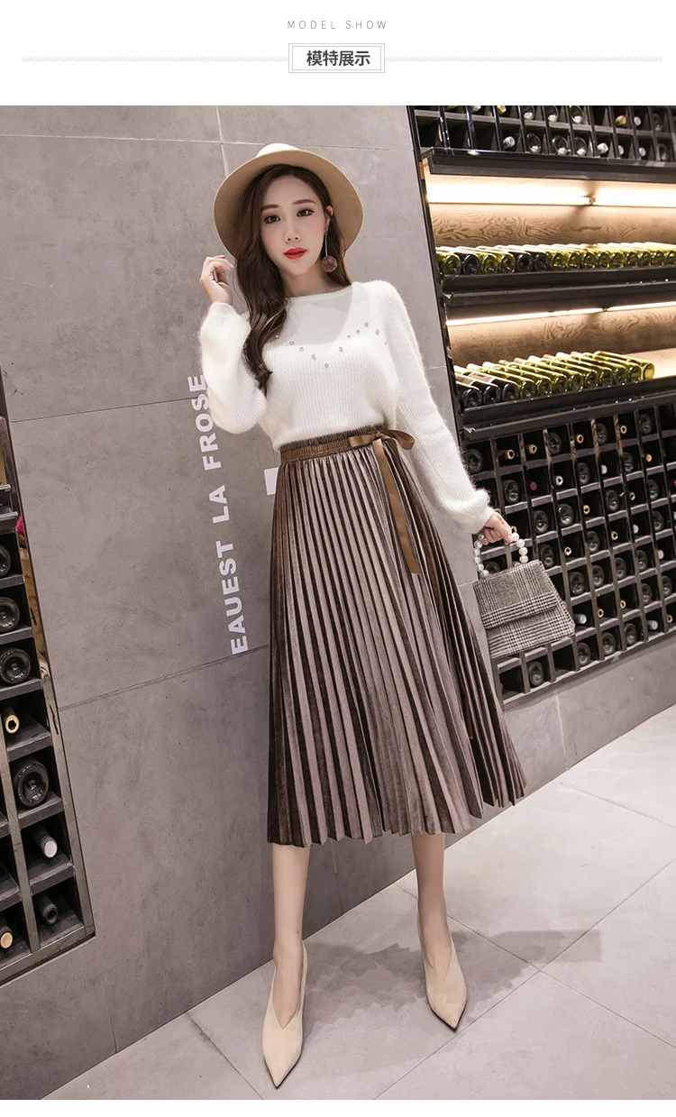 Женская длинная Плиссированная юбка зима весна Высокая талия бант вельвет Корейская Юбка крутая Женская мода юбки черный зеленый серый